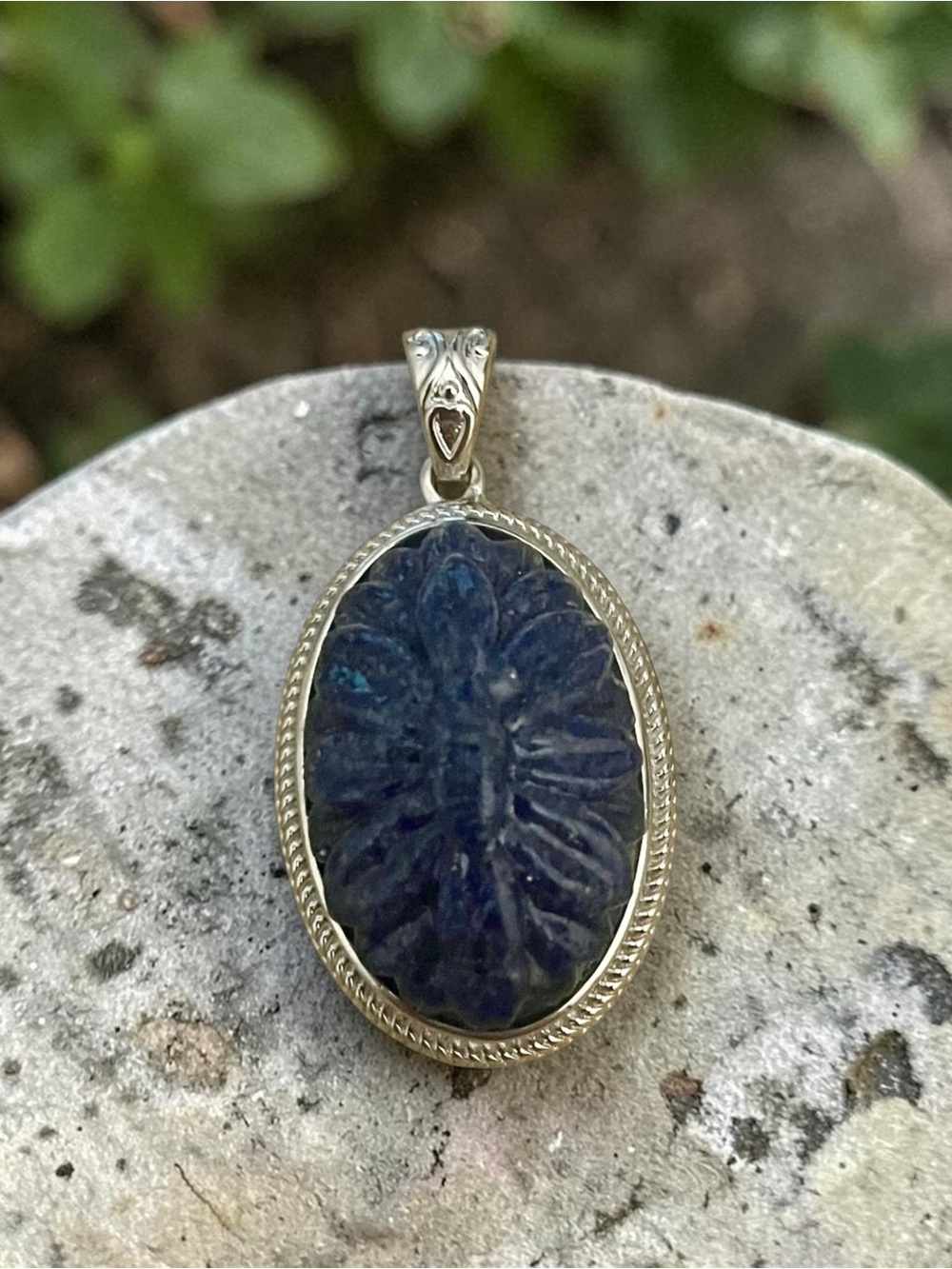 Carved Lapis Lazuli Silver Pendant